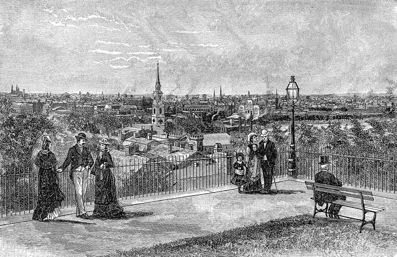 Providence, Rhode Island viewed from Prospect Terrace. Engraving from The Providence Plantations for 250 Years, Welcome Arnold Greene, 1886. page 97
