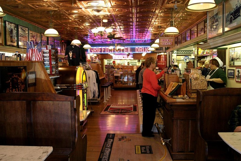 Here you can see the soda fountain and inside of Griffith & Feil.