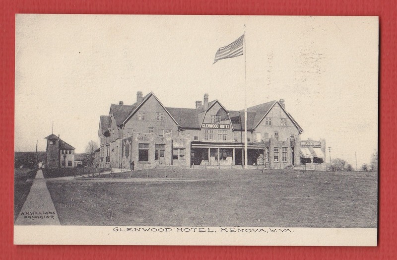 A postcard of the Glenwood Hotel on Chestnut St. from the R. Ney Williams Drugstore. The original drugstore can be seen on the right attatched to the building. Courtesy of the Kenova Historical Commission. 