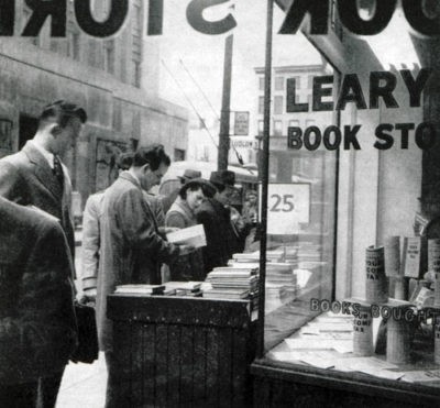 A crowd of consumers standing outside of Leary's Bookstore, probably taken during the Golden Age of Books. 
https://www.saturdayeveningpost.com/2011/02/late-great-american-bookstores-learys-books/