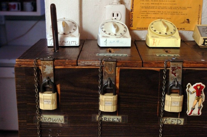 The locked boxes where each girl kept her earnings for the night, along with an egg timer