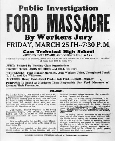 Flyer for a public investigation into the Ford Hunger March by workers' jury