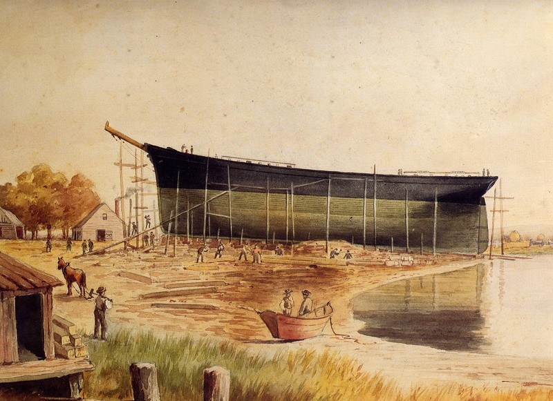 Construction of The Pilgrim, 1873 (image from the Medford Historical Society)