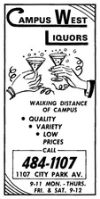 Advertisement for Campus West Liquors circa 1970.
http://campuswestliquors.com/about/our-history#rp_timeline