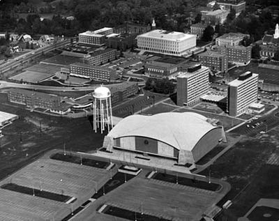 Todd and Dupree from the air, right behind Alumni Coliseum. EKU Photograph Collection.