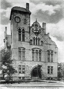 The 1897 courthouse was destroyed in a fire in 1921, with some speculating arson to be the cause. Image obtained from waynecountywv.org. 