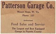 Patterson Garage business card used for promotion.