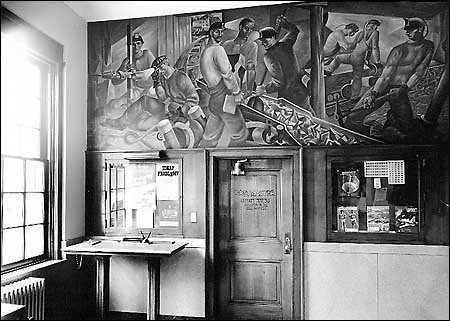The interior area of the Mount Hope Post Office with the WPA mural visible.