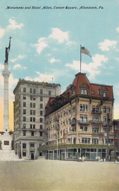 Center Square's Soldiers and Sailors Memorial (left), the Allen Hotel (foreground) and the Allentown National Bank (background) c. 1910.