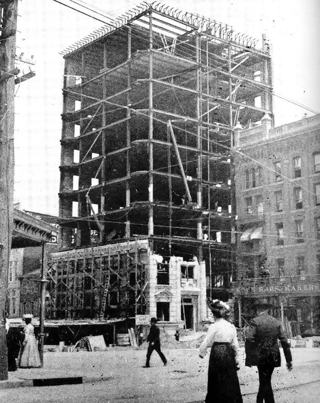 The steel frame of the bank building during construction in 1904.