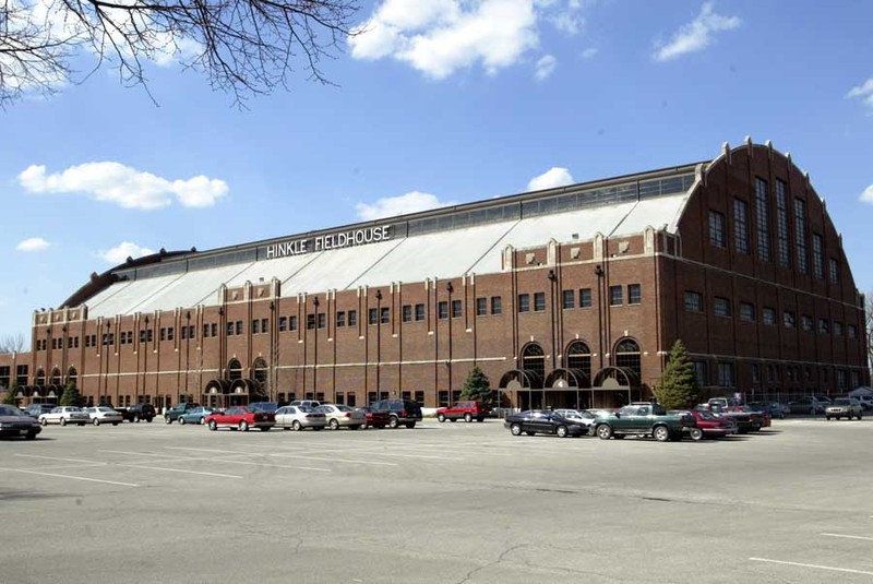 Hinkle Fieldhouse, built in 1928, rises over six stories above the campus of Butler University.