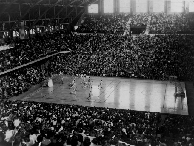 15,000 fans watch this 1947 game between Lawrence Central and Manual.  