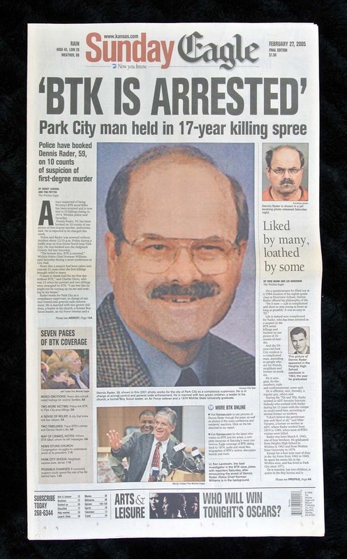 The arrest of BTK is featured on the cover of a local newspaper. His arrest was a huge relief to Wichita, Kansas, the city he terrorized the city for over 30 years.
