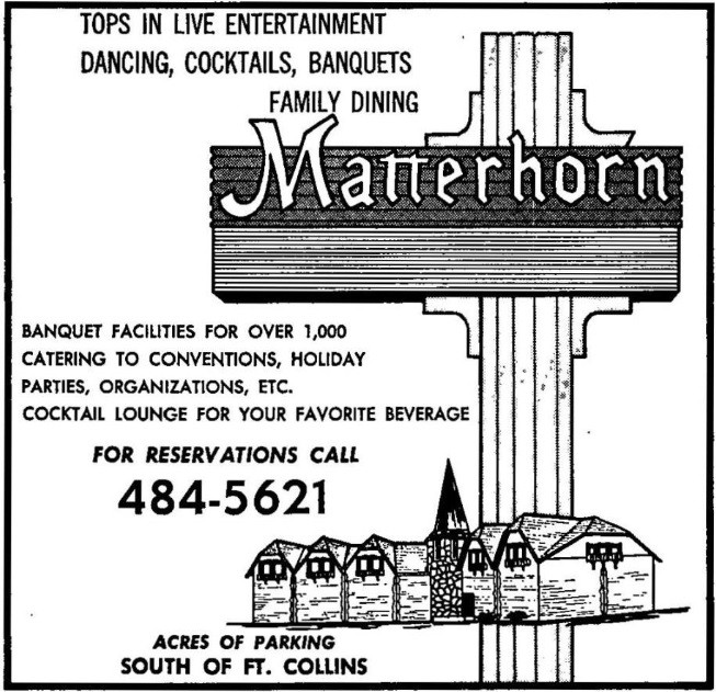An advertisement for the Matterhorn. In this photo, we see how the location was advertised as a jack of all trades, where people could go to eat, drink, dance, and socialize with their friends and family. (1968)