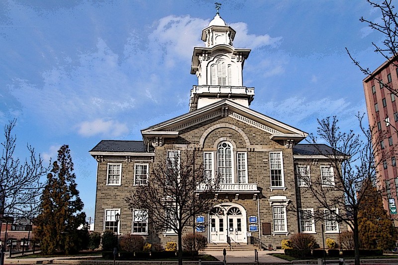 The Old Lehigh County Courthouse's original section (middle) and the two wings which were added in 1864.  