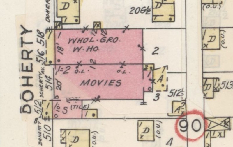 Rio Theater building on 1949 Sanborn map (red=brick, yellow=wood, S=store, D=dwelling; p. 4)