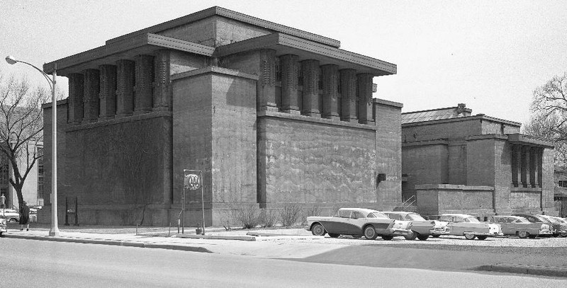 Black and white photo of Unity Temple