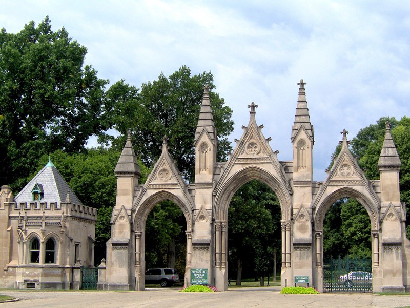 Crown Hill's famous triple-arched east entrance, located on 34th Street, was completed in 1885.  