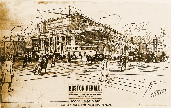A sketch of Symphony Hall under construction that appeared in 1900; Symphony Hall was one of the many cultural institutions constructed on Huntington Avenue around the turn of the 20th century. Courtesy of BSO Archives.