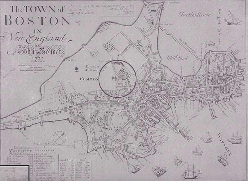 This map, created by Captain John Bonner, shows the location of the original Almshouse in historical Boston. Its proximity to wealthier areas contributed to its move in the 19th century. Image courtesy of the Colonial Society [6]. 