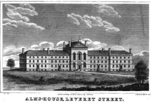 A view of the Almshouse, built by Charles Bulfinch from 1799-1801. It was demolished in 1825. Image courtesy of Wikimedia. 