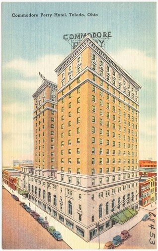 A rendering of the Commodore Perry Hotel on a postcard, undated.