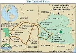 The "Trail of Tears" map displays the trail's path through  Alabama, Arkansas, Georgia, Illinois, Kentucky, Missouri, North Carolina, Oklahoma, and Tennessee.The march began October 1, 1838 and ended in Oklahoma on March 24, 1939. 