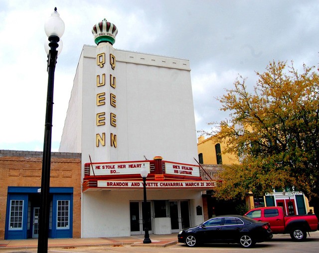 The Queen Theatre was built in 1939 and is a rare example of Streamline Moderne architecture in Bryan.