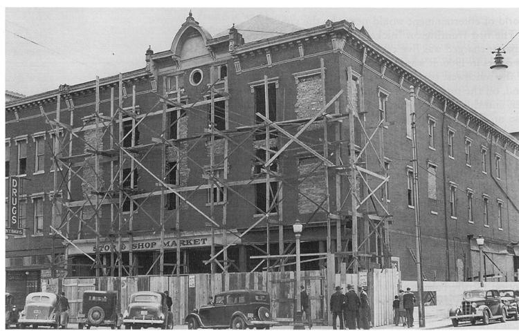 The Davis Opera House in 1939 during a remodel to convert the opera house into the Montgomery Ward store.