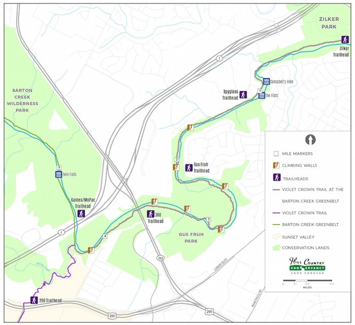 Map of Phase I of Violet Crown Trail, a 6 mile segment that opened in 2015.  
