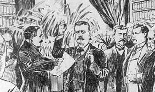 A Newspaper Drawing Depicting Theodore Roosevelt's Inauguration at the Wilcox House 