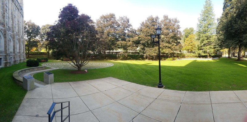 A panorama of the 9/11 Memorial Labyrinth and Veterans Memorial