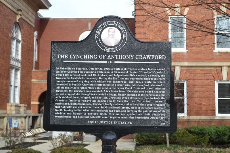This marker was created to memorialize Anthony Crawford, a wealthy businessman in Abbeville, South Carolina who was lynched after an argument over the price of cottonseed.
