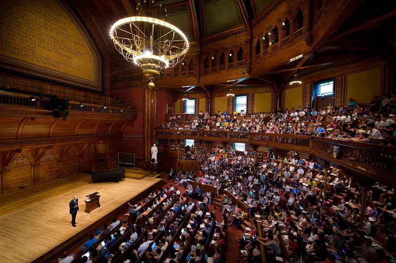 A lecture being given in Sanders Theater 