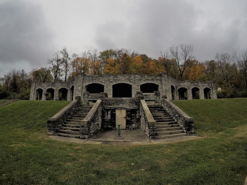 This limestone structure built in 1918 once held changing rooms for the two pools which flanked the structure.