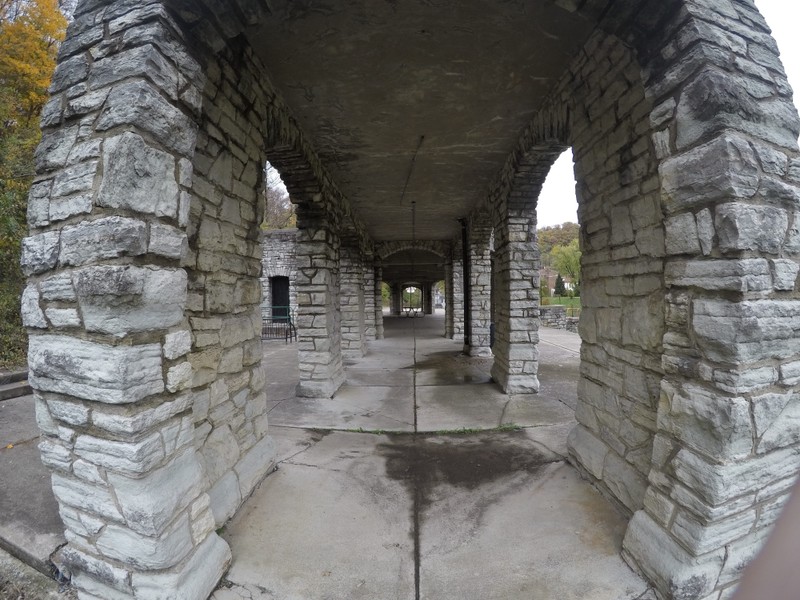 Patrons of the swimming pool would have entered the structure through these walkways. A sign on the eastern face of the structure warns against entering the building due to risk for falling concrete