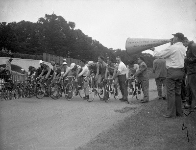 A 1945 bicycle race at the original velodrome, located at the site of the Polo Fields in Golden Gate Park