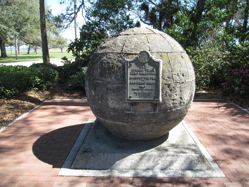 The coquina sphere marks the Old Spanish Trail Zero Milestone located in St. Augustine, Florida. 