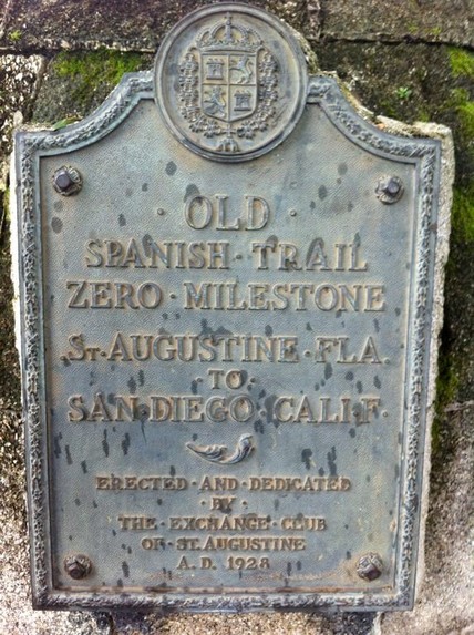 The plaque located on The Old Spanish Trail Zero Milestone located in St. Augustine, Florida.