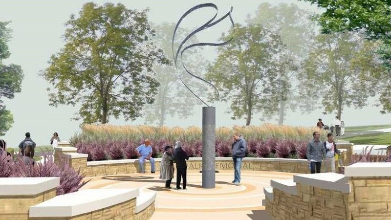 Concept design for the memorial. It features a flowing statue as a contemporary depiction of a couple dancing on a pedestal engraved with the names of the 114 victims of the collapse. This picture was featured in a Kansas City Star article about the plans