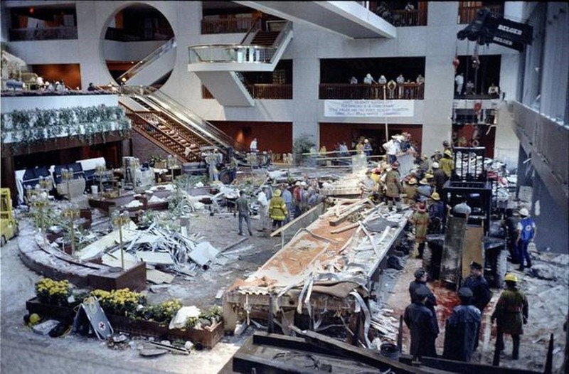 The wreckage that remained after the collapse, featured in a Kansas City Star article published on the 30th anniversary of the disaster along with the announcement of a book to remember the tragedy and to support the creation of the Skywalk Memorial.
htt