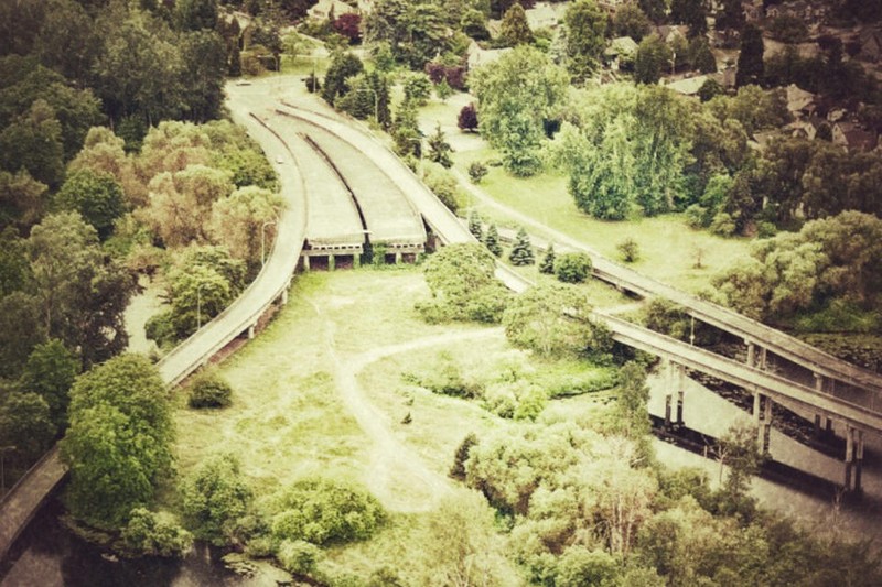 This is an unfinished section of Highway 520. Production of the interstate was stopped due to activists during the 1970's.