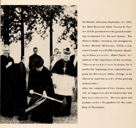 Architect Fr. Michael McInerney and Abbot Vincent Taylor at the Library's groundbreaking ceremony. Source: The Spire Yearbook, 1958.