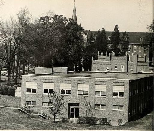 The Abbot Vincent Taylor Library along Abbey Lane and near other campus structures. Source: The Spire Yearbook, 1969.