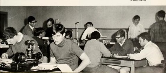 Students participating in lab exercises at the Gaston Science Building. Source: The Spire Yearbook, Belmont Abbey College, 1969.