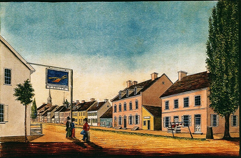 The Golden Plough Tavern as seen from the northwest corner of Pershing and Market. Artist William Wagner created this depiction of the tavern in 1830.