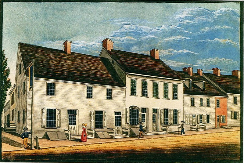 Golden Plough Tavern and General Gates House as they appeared in 1830, depicted by William Wagner.