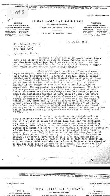 First page of a letter from Pastor M.W. Johnson of First Baptist Church to Mr. Walter F. White discussing the protest and the chapters of N.A.A.C.P.