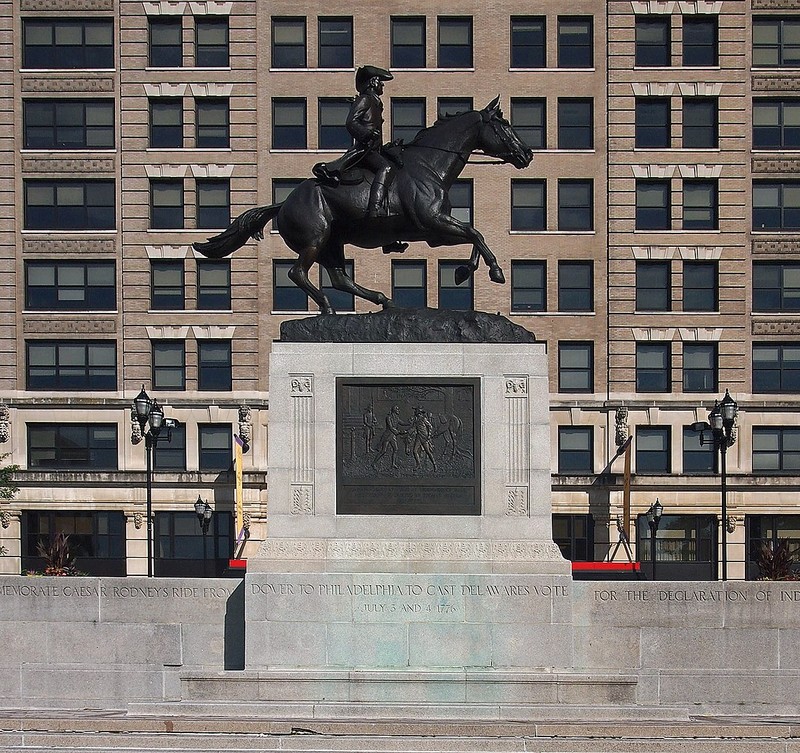 Caesar Rodney Statue, Rodney Square, Wilmington, Delaware, USA. Viewed from the southwest. A contributing property to the Rodney Square Historic District.