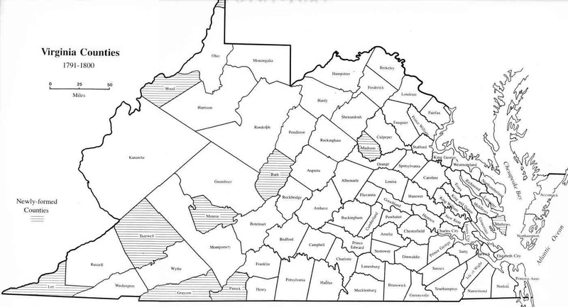 County map of Virginia in 1800. Note the size of Wilson's jurisdiction of Brooke, Ohio, Monongalia, Randolph, Harrison, and Woods Counties.